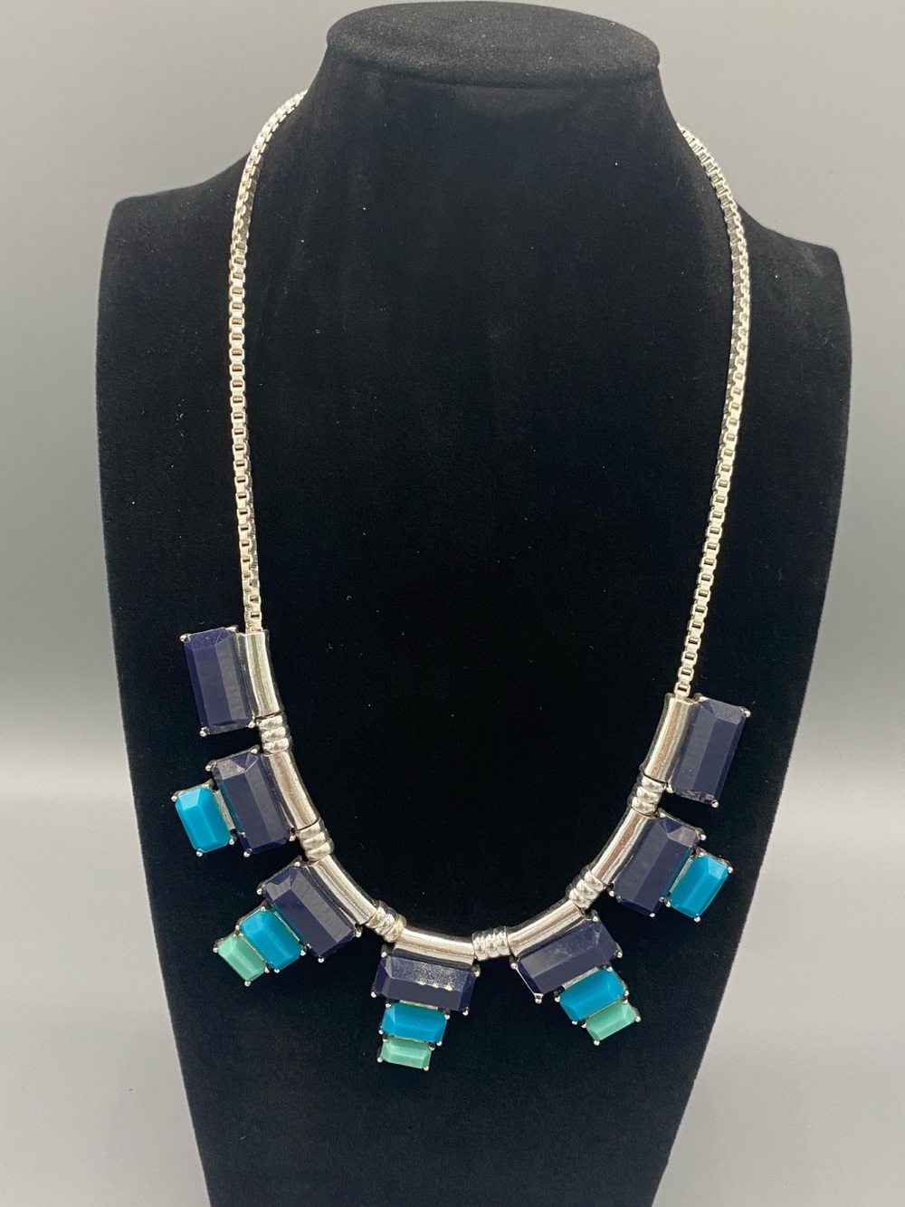Blue Teal Statement Necklace Silver Tone Geometric Stones Adjustable A026